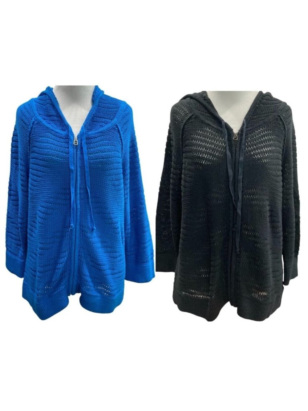 2 Amber Sun Full Zip Hooded Open Knit Cardigan Sweater Lot L Preppy Minimalist